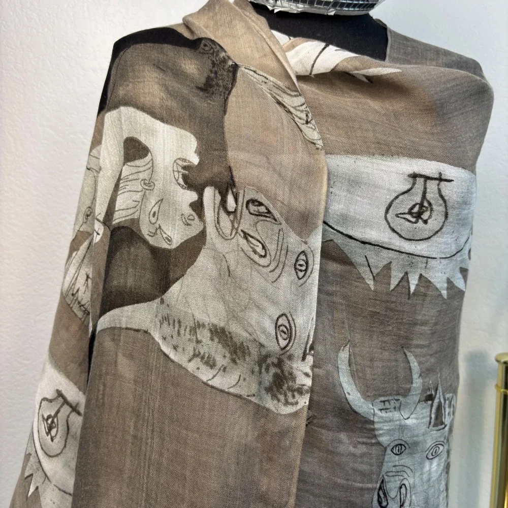 Picasso Guernica Print Scarf, Taupe Black Oversized Rectangle Silk Cotton Blend